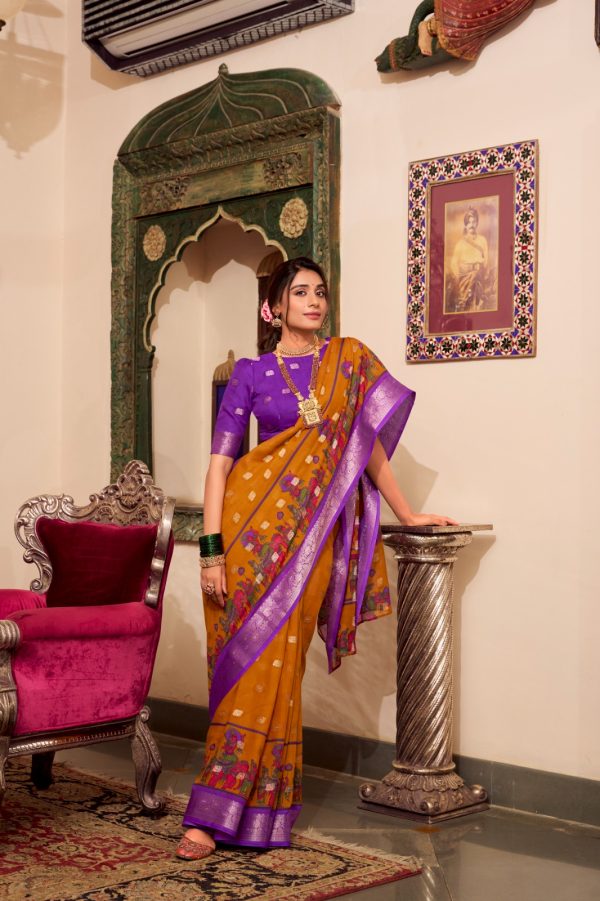 Mustard Poly Cotton Print Saree - Image 2