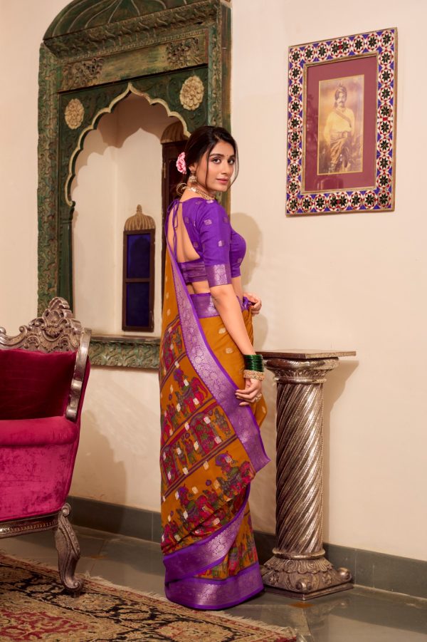 Mustard Poly Cotton Print Saree - Image 3