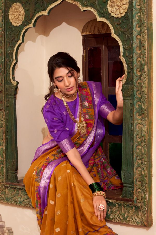 Mustard Poly Cotton Print Saree - Image 4