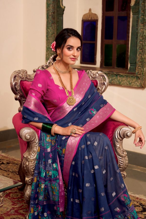 Navy Blue Poly Cotton Print Saree - Image 2