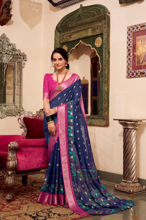 Navy Blue Poly Cotton Print Saree - Image 3
