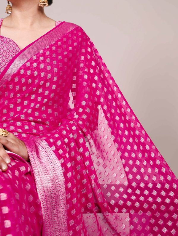 Magical Pink Color Nylon Georgette Zari Weaving Work Saree