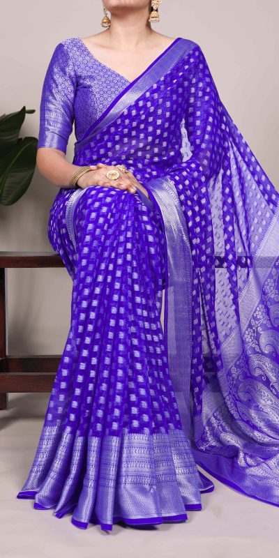 Magical Royal Blue Color Nylon Georgette Zari Weaving Work Saree