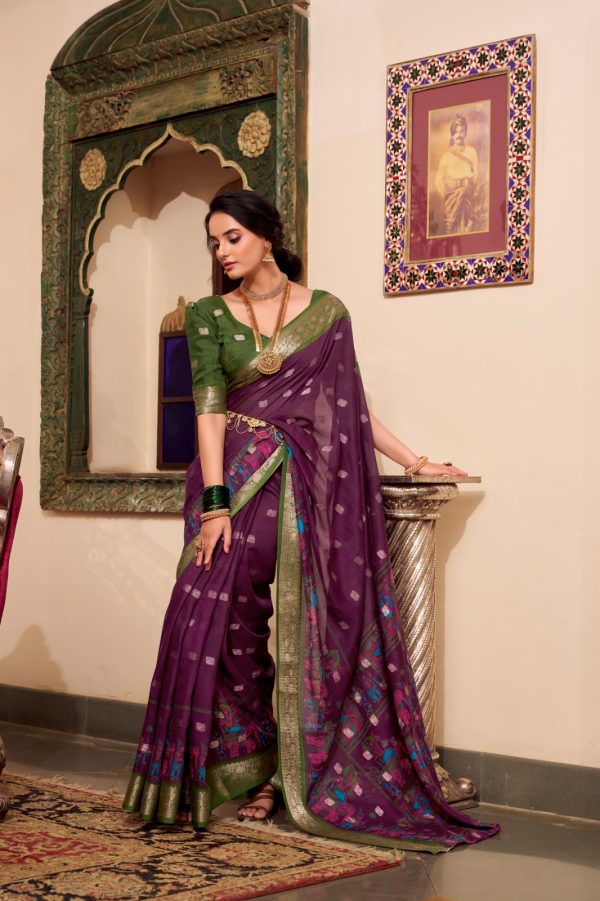 Wine Poly Cotton Print Saree - Image 3
