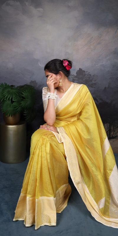 Magical Yellow Color Jacquard Chex Zari Weaving Work Saree