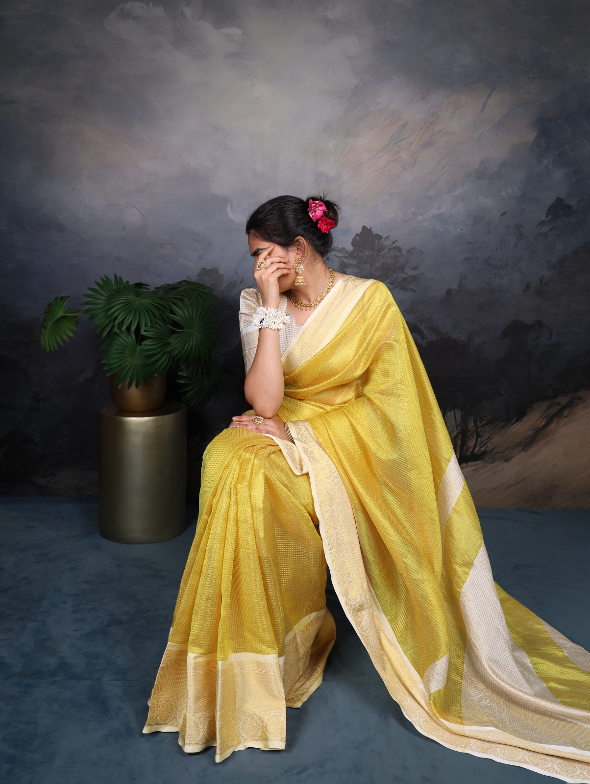 Magical Yellow Color Jacquard Chex Zari Weaving Work Saree