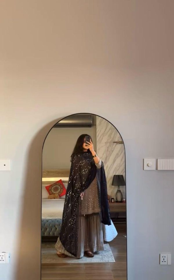 Grey Faux Georgette Embroidery Sequence Beads Work Salwar Suit - Image 3