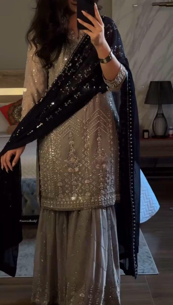 Grey Faux Georgette Embroidery Sequence Beads Work Salwar Suit - Image 4