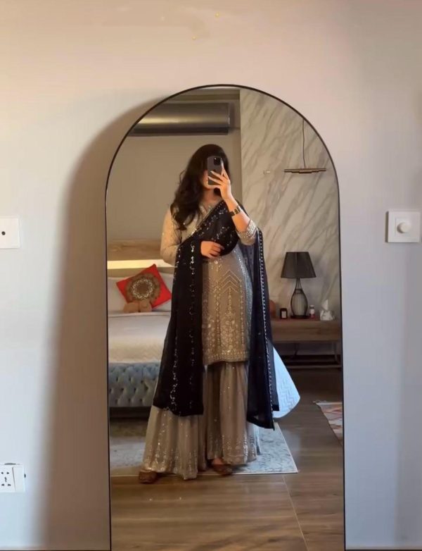 Grey Faux Georgette Embroidery Sequence Beads Work Salwar Suit - Image 5
