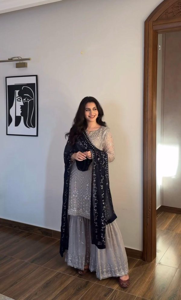 Grey Faux Georgette Embroidery Sequence Beads Work Salwar Suit - Image 11