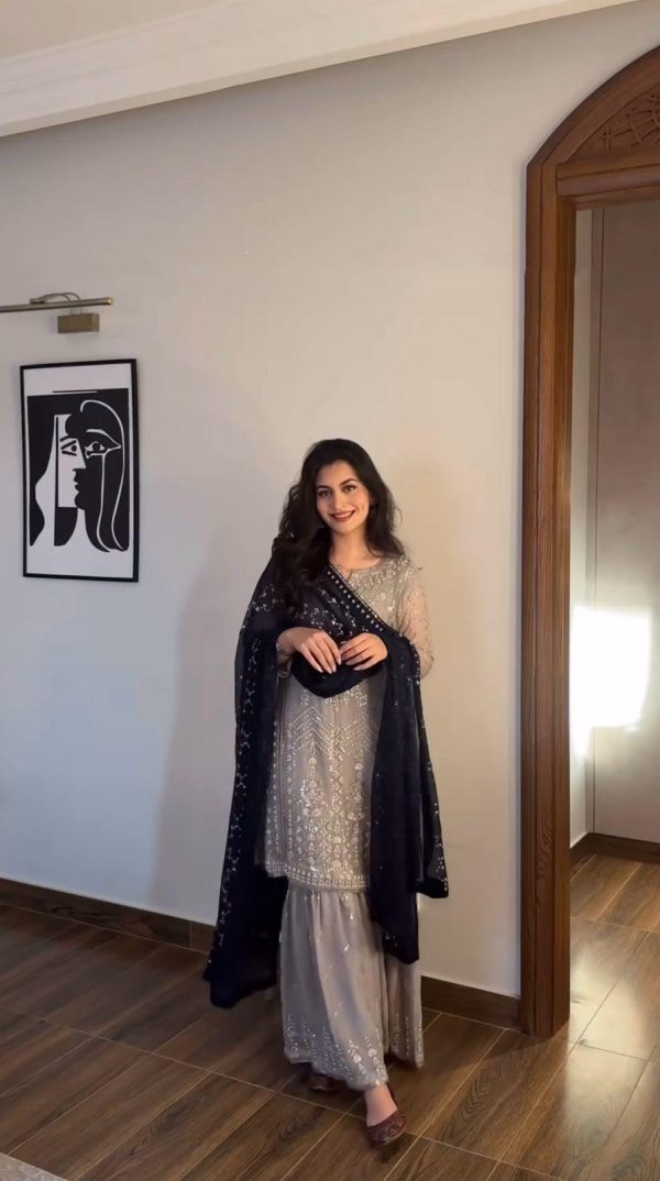 Grey Faux Georgette Embroidery Sequence Beads Work Salwar Suit - Image 9