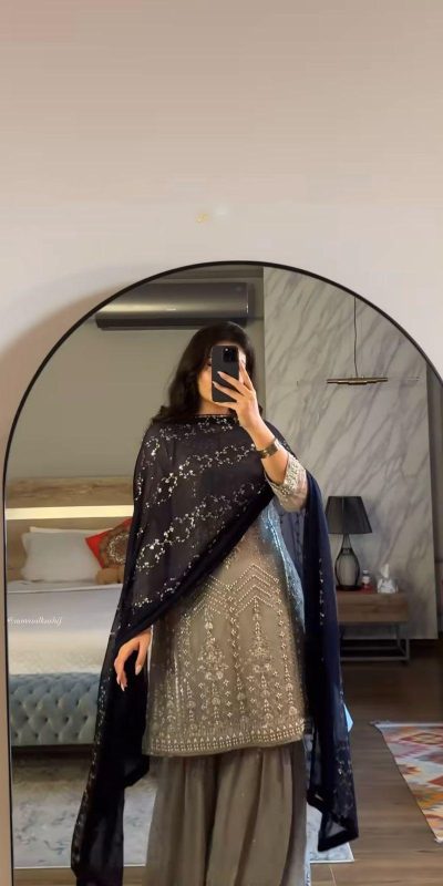 Nice Grey Color Faux Georgette Embroidery Sequence Beads Work Salwar Suit