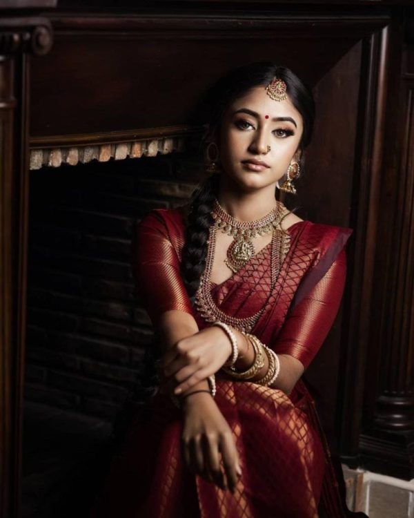 Maroon Soft Litchi Silk Jacquard Work On All Over Saree - Image 2