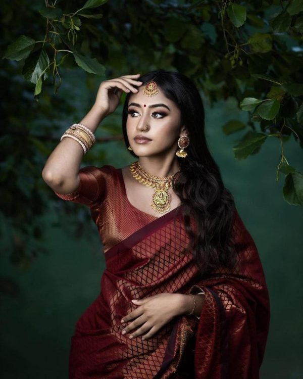 Maroon Soft Litchi Silk Jacquard Work On All Over Saree - Image 4