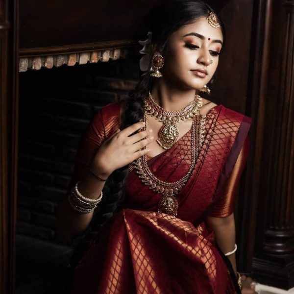 Maroon Soft Litchi Silk Jacquard Work On All Over Saree - Image 7