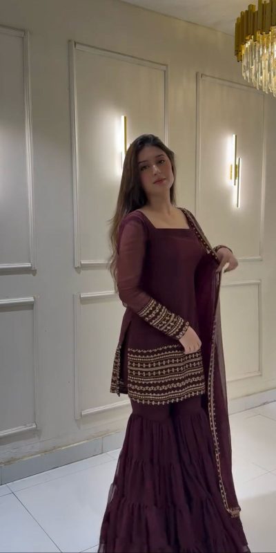 Nice Wine Color Georgette Embroidery Sequence Work Salwar Suit