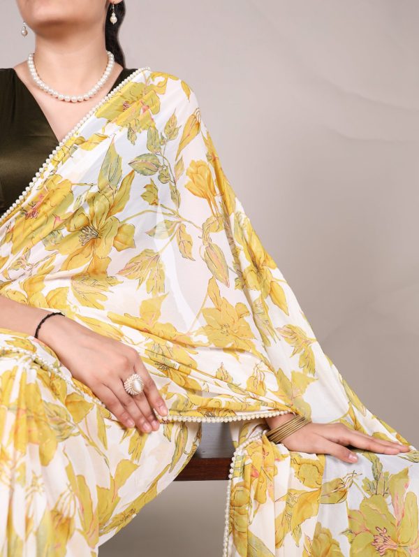 Yellow Weightless Marble Floral Print Pearl Lace Border Saree - Image 2