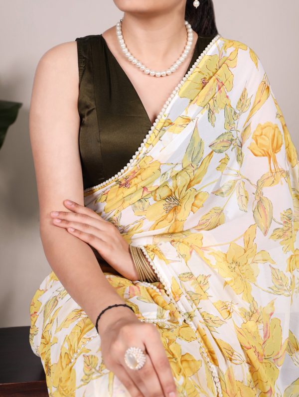 Yellow Weightless Marble Floral Print Pearl Lace Border Saree - Image 3