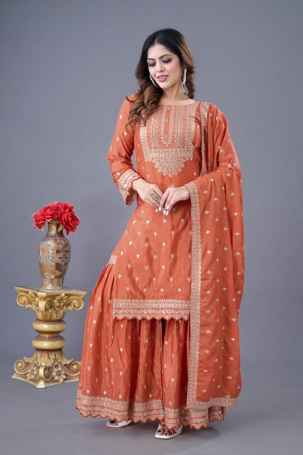 Orange Chinon Silk Sequence Work Salwar Suit - Image 2