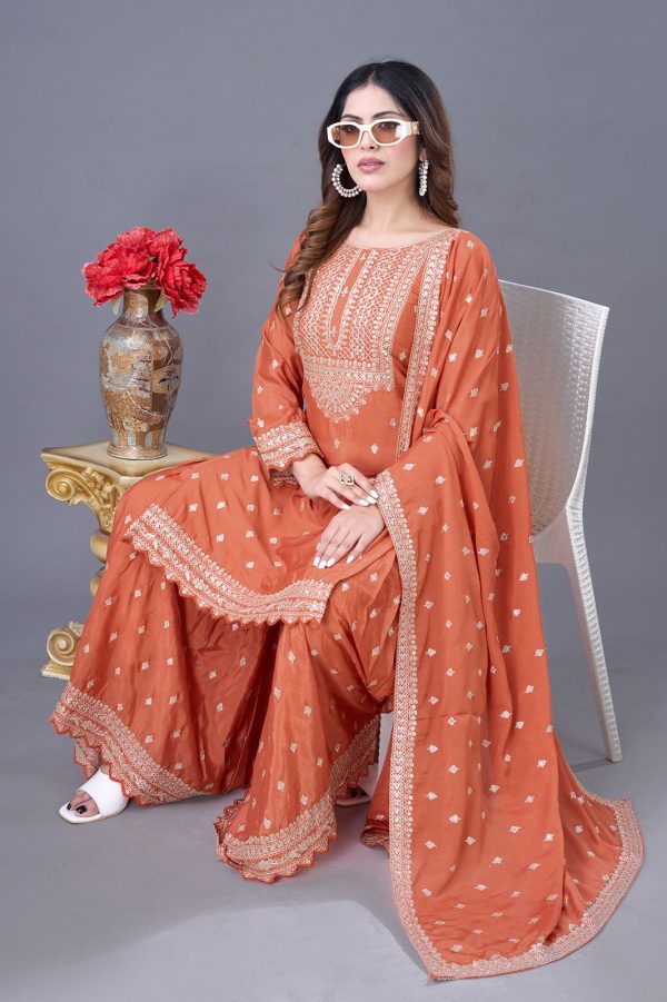 Orange Chinon Silk Sequence Work Salwar Suit - Image 3