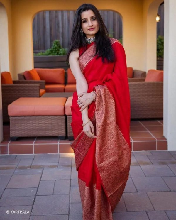 Red Soft Litchi Silk Jacquard Work Saree - Image 2