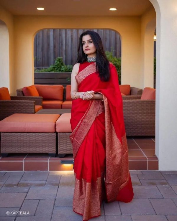 Red Soft Litchi Silk Jacquard Work Saree - Image 3
