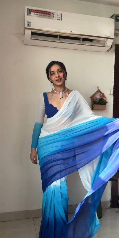 Perfect White And Blue Color Soft Georgette Silk Ready To Wear Saree