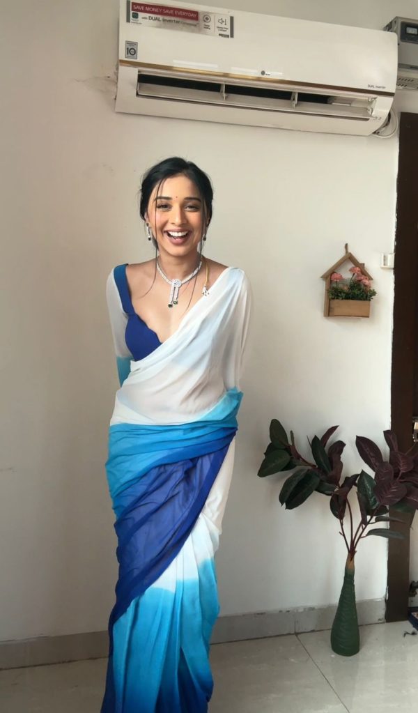 White And Blue Soft Georgette Silk Ready To Wear Saree - Image 2