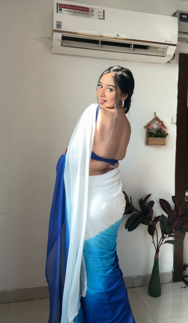 White And Blue Soft Georgette Silk Ready To Wear Saree - Image 4