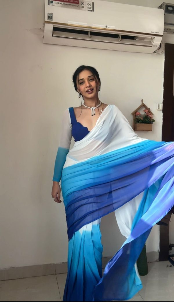 White And Blue Soft Georgette Silk Ready To Wear Saree - Image 5
