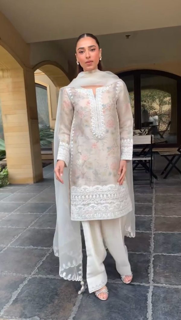 White Tobi Organza Printed With Embroidery Salwar Suit - Image 2