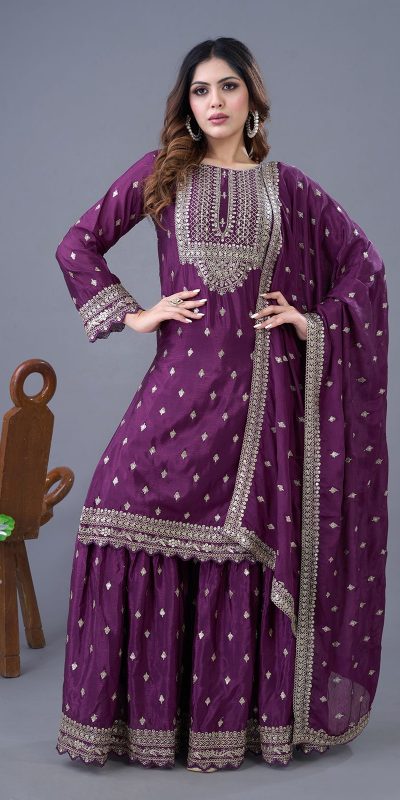 Perfect Wine Color Chinon Silk Sequence Work Salwar Suit