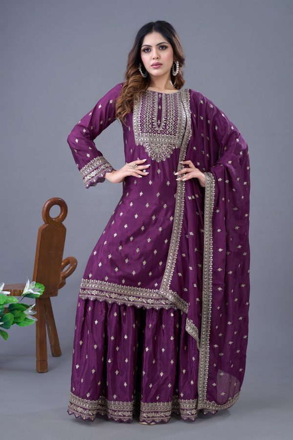 Perfect Wine Color Chinon Silk Sequence Work Salwar Suit