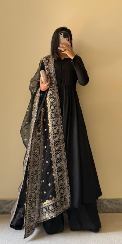 Presenting Black Color Chinon Silk With Inner Plain Anarkali Gown