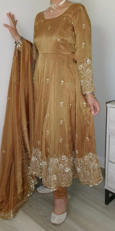 Presenting Gold Color Barbari Silk With Embroidery Work Gown