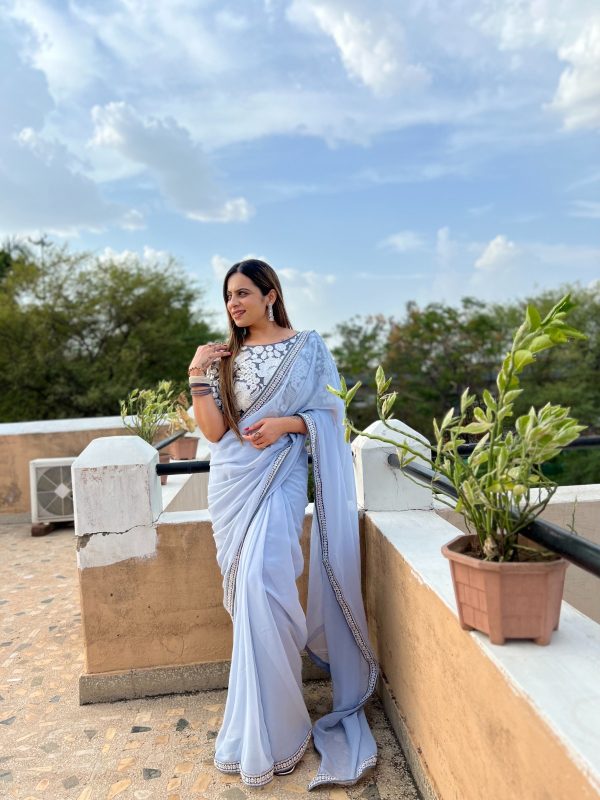 Light Purple Georgette Embroidery Work Lace Saree - Image 3