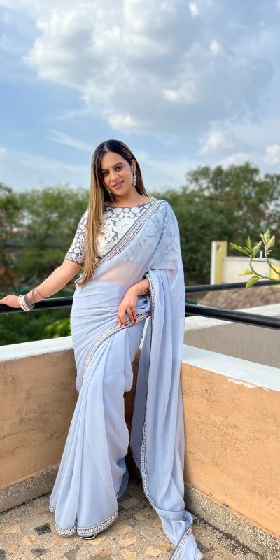 Pretty Light Purple Color Georgette Embroidery Work Lace Saree