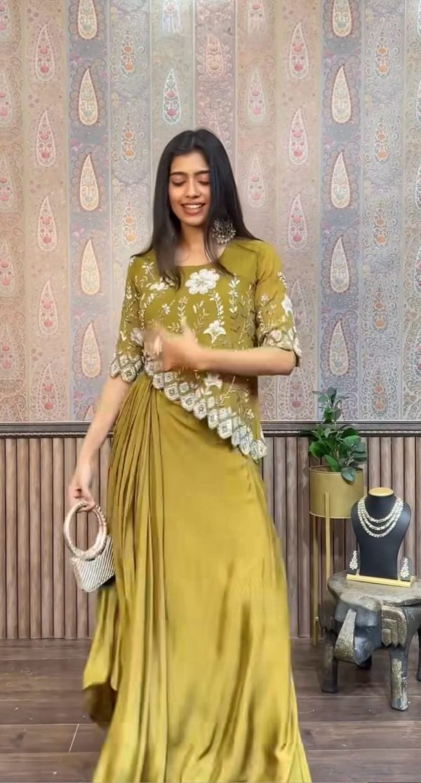 Pretty Mehndi White Color Chinon Sequence Work Skirt Suit