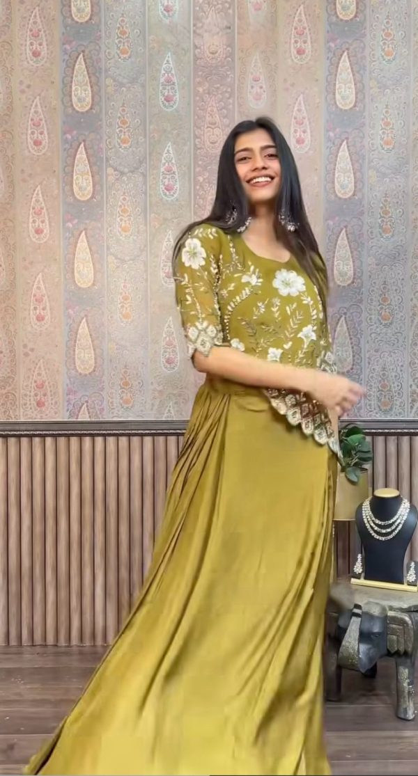 Mehndi Chinon Sequence Work Skirt Suit - Image 3