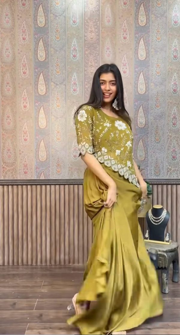 Mehndi Chinon Sequence Work Skirt Suit - Image 4