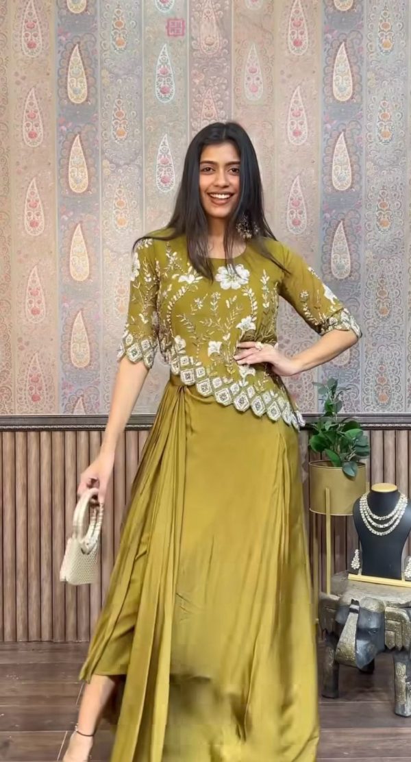 Pretty Mehndi White Color Chinon Sequence Work Skirt Suit