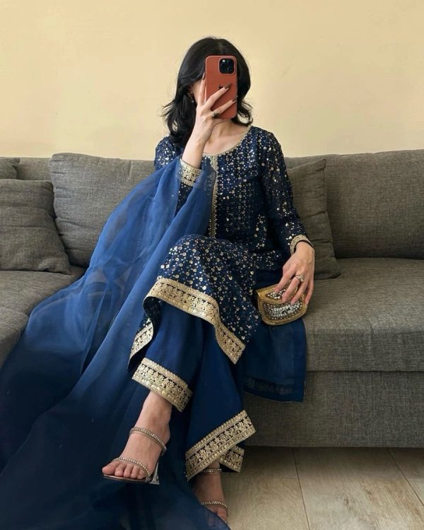 Navy Blue Foix Georgette Thread With Sequence Salwar Suit - Image 2