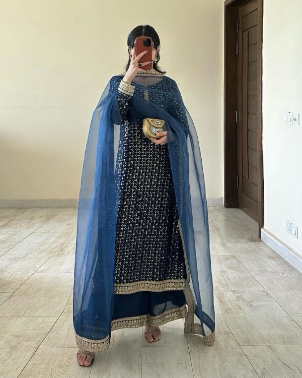 Navy Blue Foix Georgette Thread With Sequence Salwar Suit - Image 4