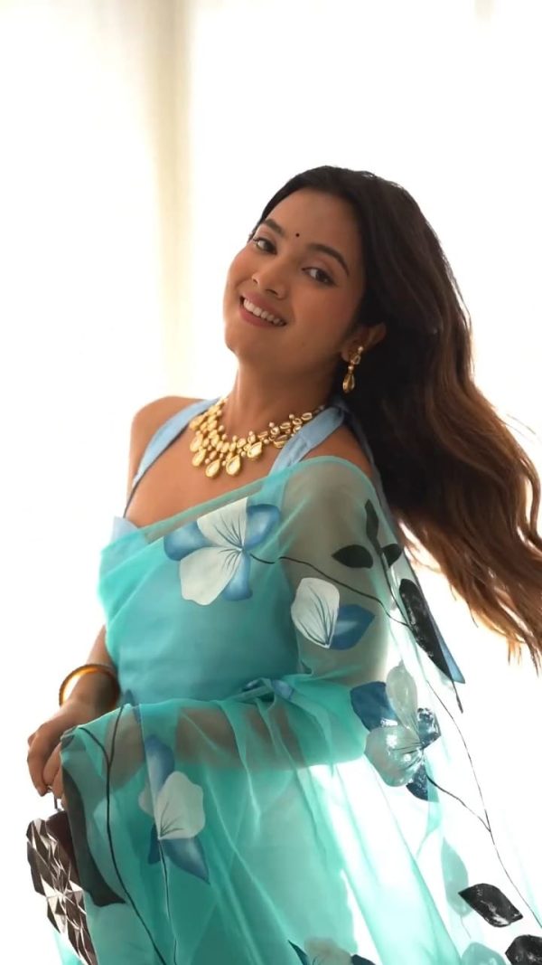 Sky Blue Soft Organza Silk Ready To Wear Saree - Image 2