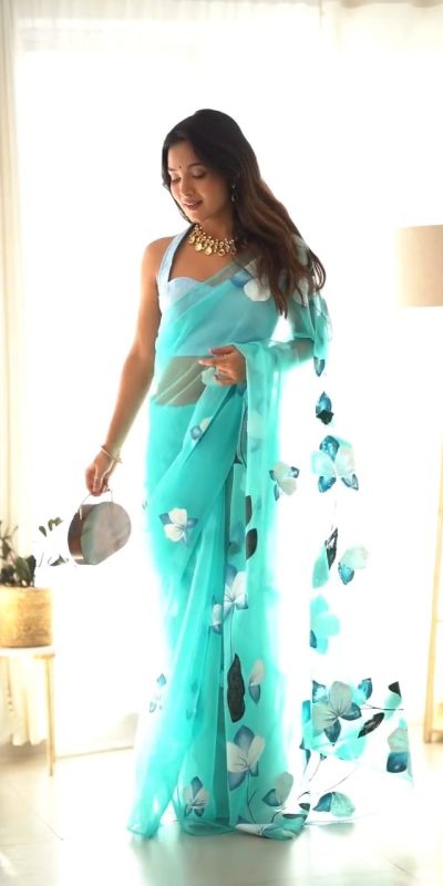 Pretty Sky Blue Color Soft Organza Silk Ready To Wear Saree