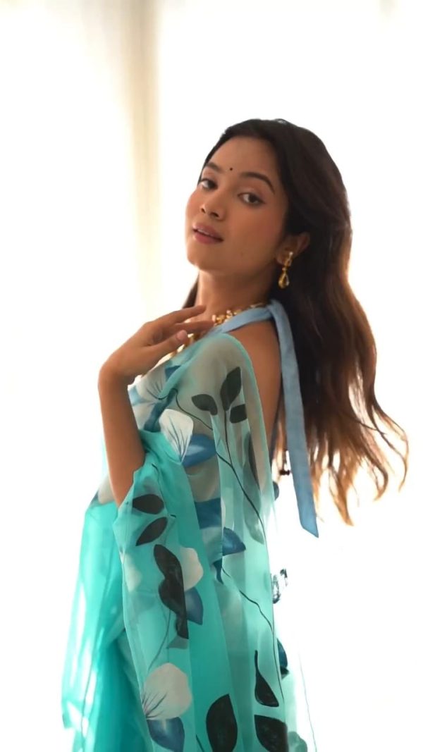 Sky Blue Soft Organza Silk Ready To Wear Saree - Image 5