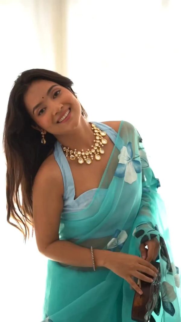 Sky Blue Soft Organza Silk Ready To Wear Saree - Image 10