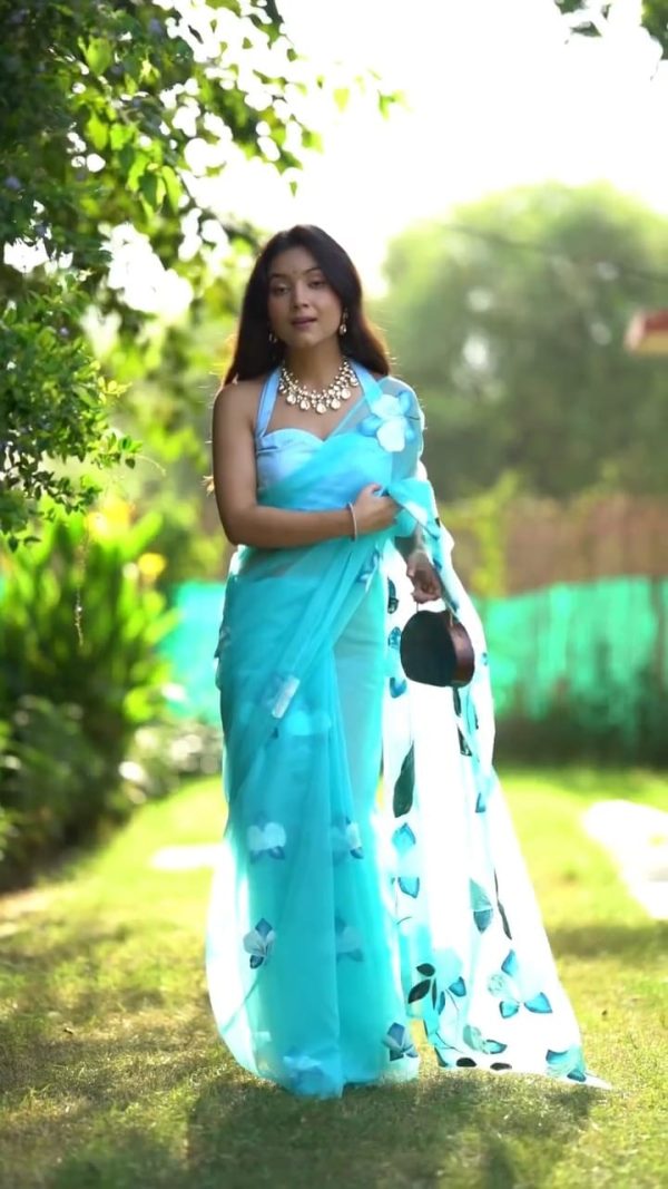 Sky Blue Soft Organza Silk Ready To Wear Saree - Image 6