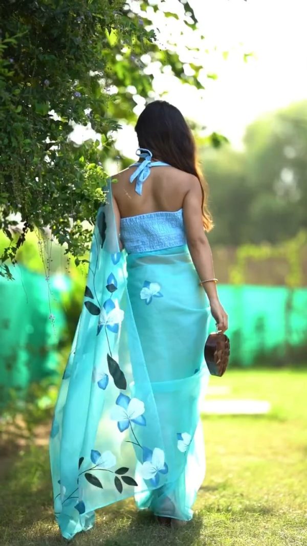 Sky Blue Soft Organza Silk Ready To Wear Saree - Image 7