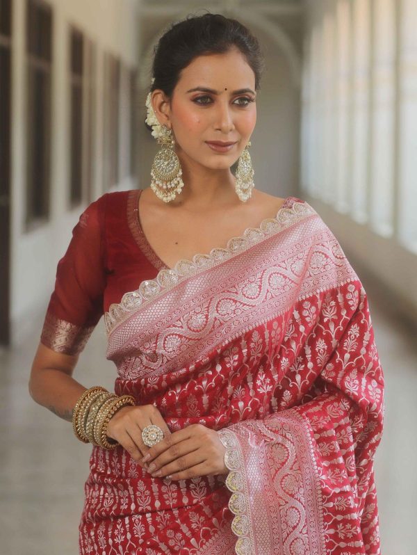 Royal Red Jacquard Embroidery Cording Lace Saree - Image 4